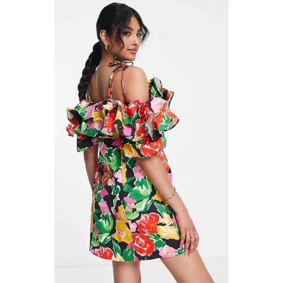 Topshop Dresses & Skirts - Topshop Cotton Blend Bold Floral Ruffle Off Shoulder Bardot Mini Dress Size 8
